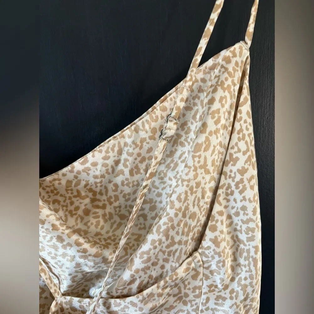 Abercrombie Midi Satin Slip Dress White Khaki Animal Print Medium